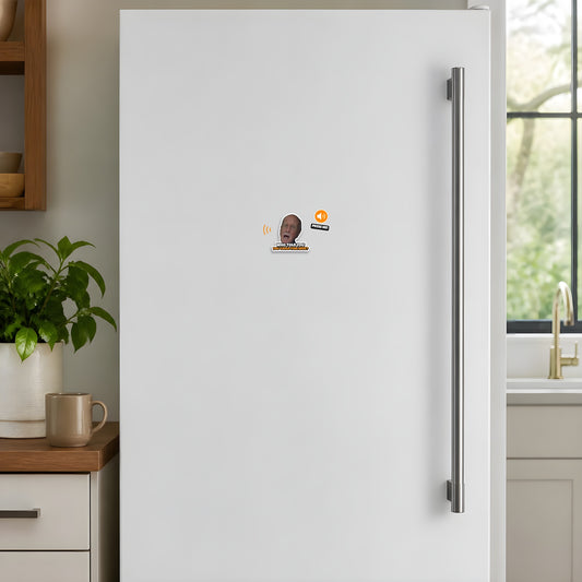 Who Told You You Could Fish Here? sound fridge magnet on a white kitchen fridge door with orange speaker Press Me sound badge