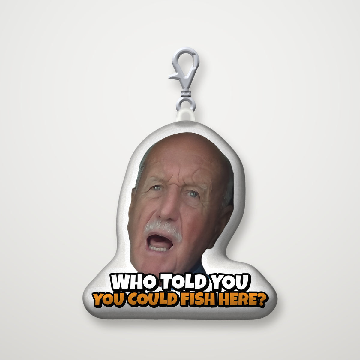 Who Told You You Could Fish Here? sound plush keychain: soft stuffed plush pillow with metal lobster clasp, front view